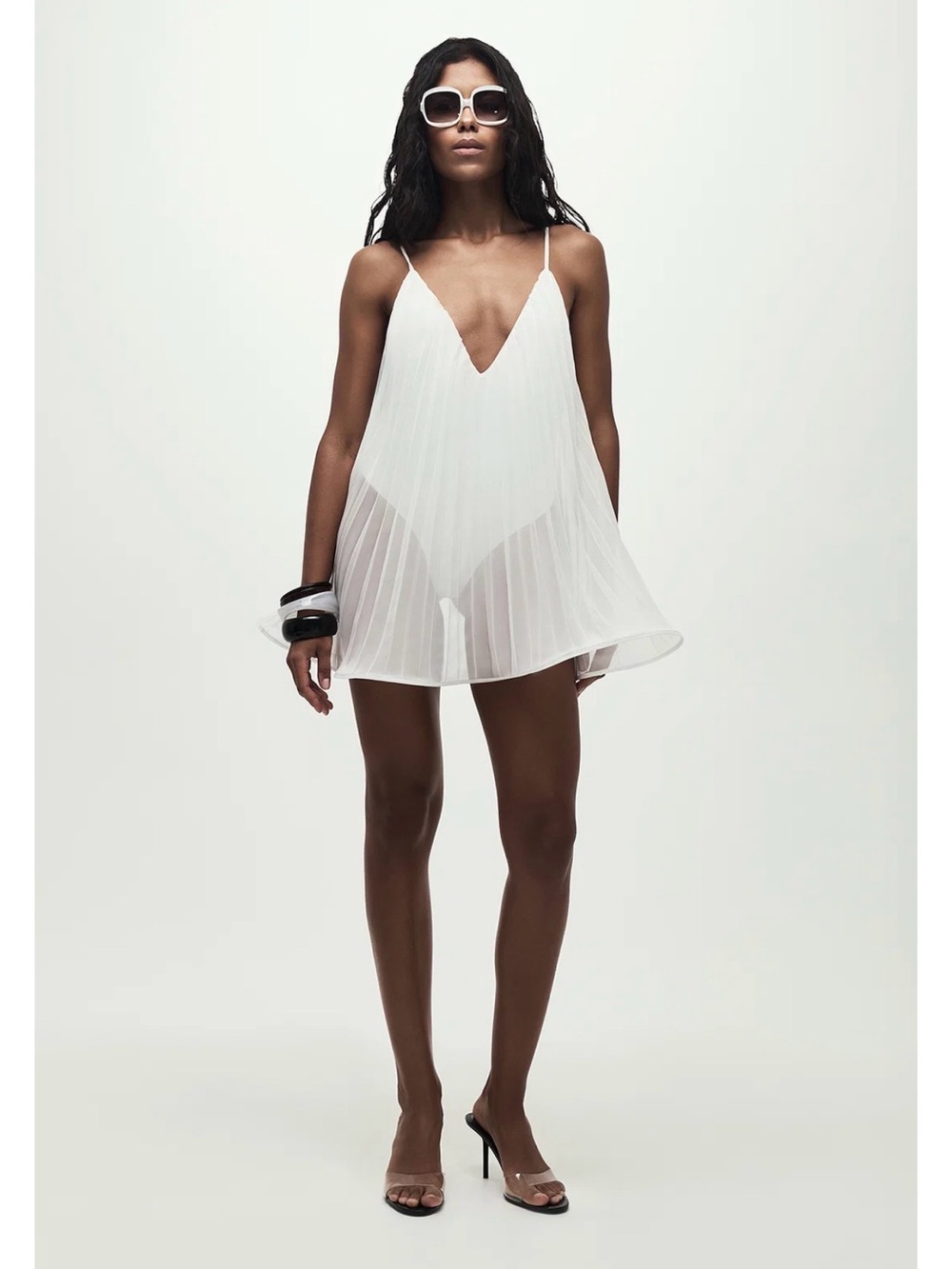 Pleated Chiffon Mini Dress in White